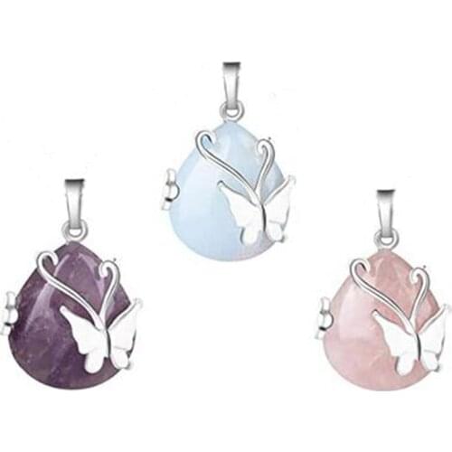 KFT Vintage Wire Wrap Butterfly Natural Stone Rose Pink Quartz Amethysts Opalite Opal Healing Crystal Pendant Jewelry For Women