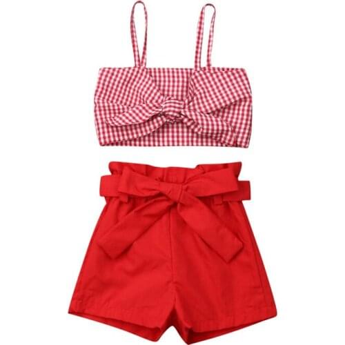 Summer Children Clothing Casual Newborn Kid Baby Girl Red Plaid Sleeveless Bowknot Hollow Out Crop Tops Shorts 2Pcs Outfits 1-6Y