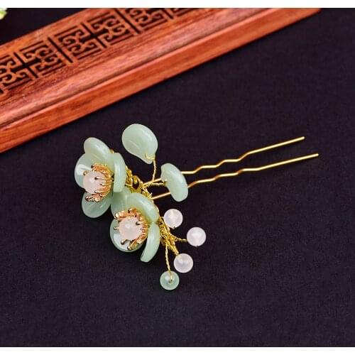 Jade Stone Flowers Hair Sticks Hairpin Charm Jadeite Jewelry Carved Amulet Fashion Accessories Natural Chinese Gifts for Women