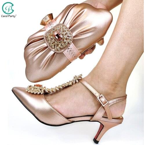 New Arrival Italian Design Hot Selling Elegant Champange Color Crystal Style Luxury Noble Women Shoes and Bag Set for Party