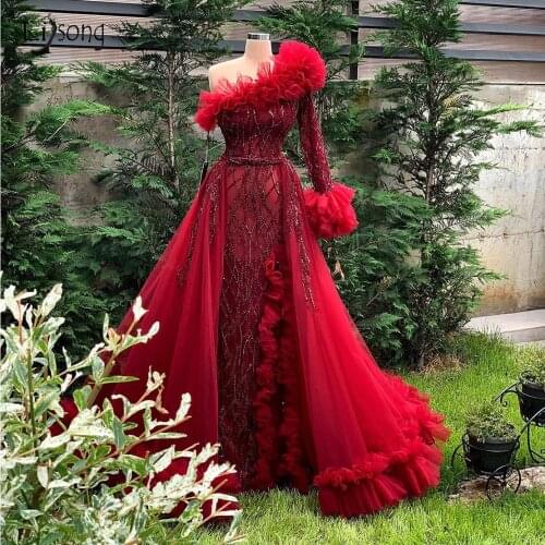 Charming Red Lace Beaded Evening Dresses With Detachable Train Sexy Split Long Evening Gowns One Shoulder Ruffles Bridal Dress