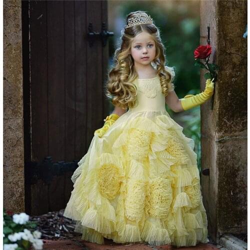 Yellow Flower Girl Dresses Jewel Ruffles Petaline Girls Evening Party Communion Prom Dress Kid Pageant Gowns Custom Made