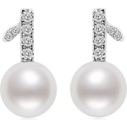 Lnngy 925 Sterling Silver 6-6.5mm Natural Cultured Freshwater Pearl Leaf Stud Earrings for Lady Wedding Party Stud Earrings