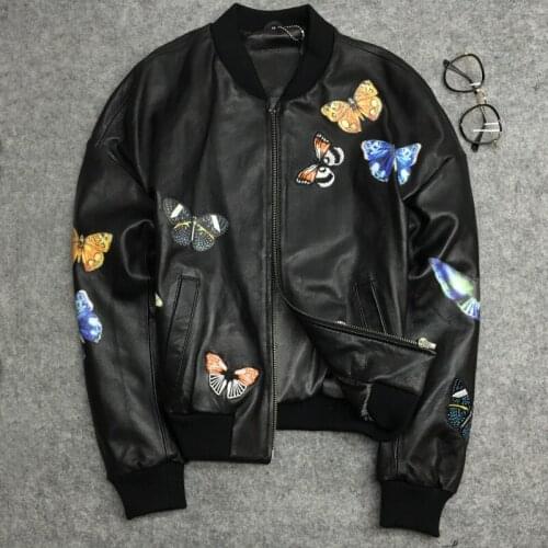 Women spring autumn embroidery baseball jackets coat Chic slim fit real leather bomber jackets D947
