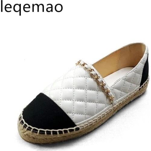 Spring Autumn Comfortable Women Espadrilles Genuine Leather Flats Chain Woman Casual Loafers High Quality Shoes Big Size 34-42