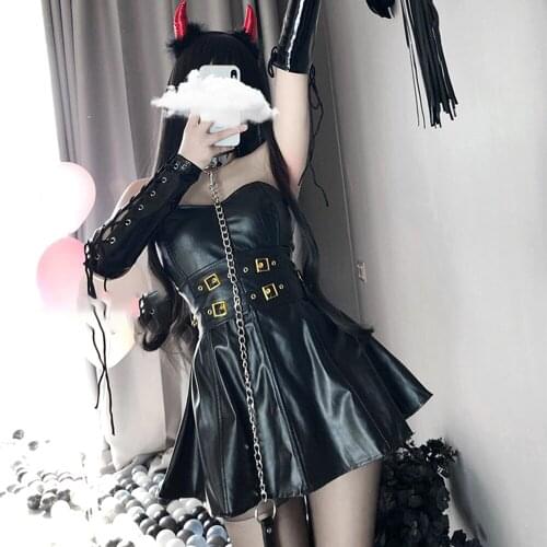 Synthetic Leather Erotic Maid Waitress Uniform Tube Dress Women Devil Cosplay Costume Black Color Sexy Lingeries