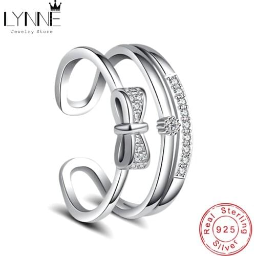 LYNNE Jewelry Fashion 925 Sterling Silver Multilayers Bowknot Rings AAA Zircon Open Adjustable Three Layer Ring Women Fine Gift