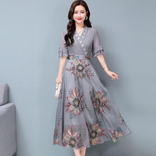 COIGARSAM Women Dress Summer 2021 New Vintage Print Full Sleeve Chiffon Embroidery High Waist V-Neck Gray Dresses Traf Robe