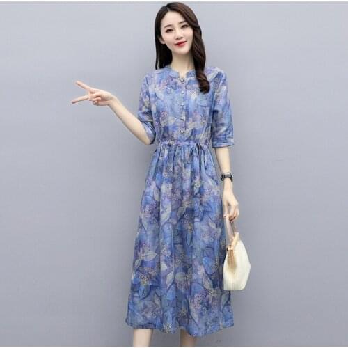 2021 Summer Women Loose Dress O-Neck Floral Printed Cotton and Linen Dress blue Vintage Dress Female