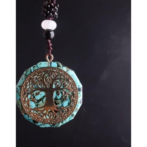 1Pc Orgone Tree of Life Pendant Necklace Metatron Cube Orgonite Turquoise 7Chakra Round Pendant Healing Protection Necklace