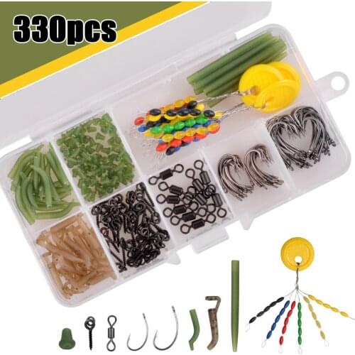 330Pcs/Box Carp Fishing Accessories Kit With Carp Fishing Hooks Anti Tangle Sleeves Hook Stop Beads Bait Screw Rolling Swivel
