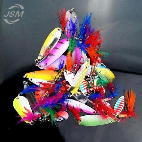 JSM 30 pcs/lot Assorted Metal Fishing Lures Colorful Feather Casting Fishing Spinner Baits Sharp Fishing Treble hooks