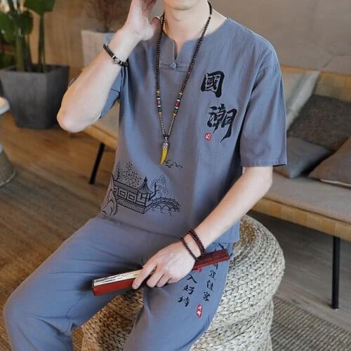 Chinese Traditional Men Summer Pants Short Sleeve T-Shirt Retro Print Tang Suit Cotton Linen Plus Size Casual Hanfu Shirts 30551