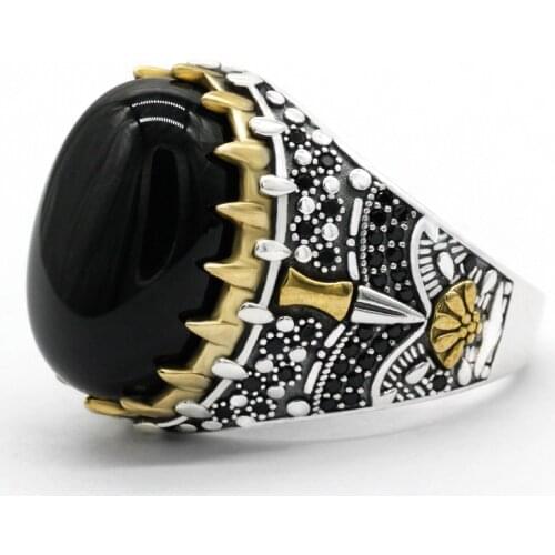 Real 925 Sterling Silver Jewelry Rings for Men Women Natural Onyx Vintage Golden Crown with Black Stone Turkish Male Female