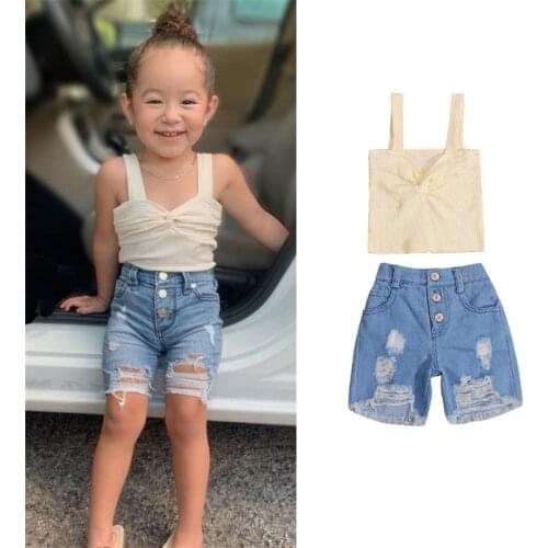 Girls Summer Clothes Set Fashion Kids Clothes Suit Children Clothes Solid Ribbed Sleeveless Girl Tops+Denim Shorts 2-7Y