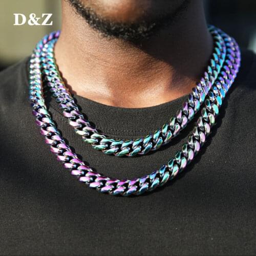 D&Z 12mm Stainless Steel Cuban Link Chain Rainbow Color Miami Cuban Necklace For Men Women Gift Hip Hop Jewelry