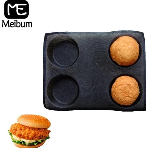 Meibum 4 Cavity Round Bread Baking Mold Hamburger Bun Baguette Eclair Bake Tray Non Stick Porous Glass Fiber Silicone Mould
