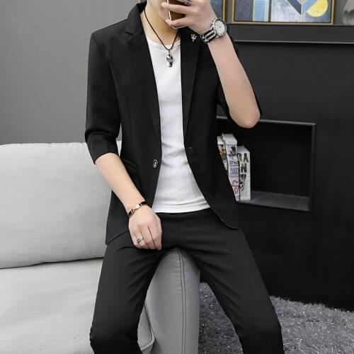 2021 New Summer Fashion Casual Mens Solid Color Single Button Middle Sleeve Slim Shape Two-piece Mens Suits