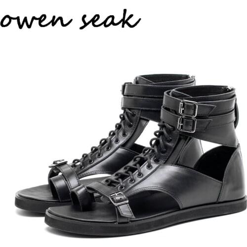 Owen Seak Men Rome Sandals Genuine Leather Gladiator Sandals High-Top Buckle Strap Lace Up Slippers Slides Summer Men Sandals