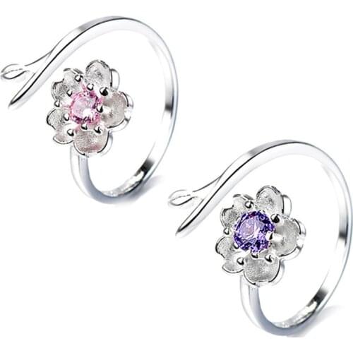 Sweet Romantic Cherry Blossoms Crystal Opening Adjustable Rings Womens Fashion Wedding Engagement Jewelry Valentines Day Gift