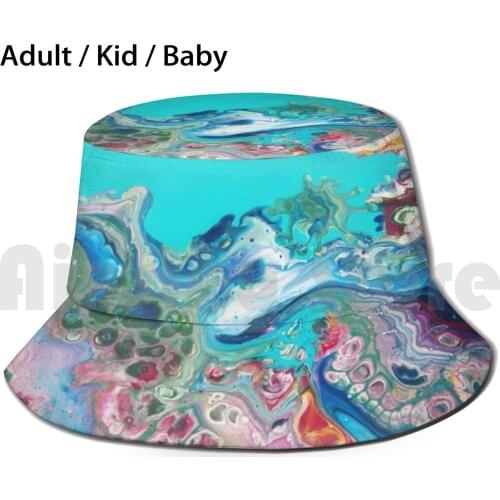 Fluid Nature - Rainbow Sea Dragon - Abstract Acrylic Pour Art Bucket Hat Adult kid baby Beach Sun Hats Dragon Turquoise Blue