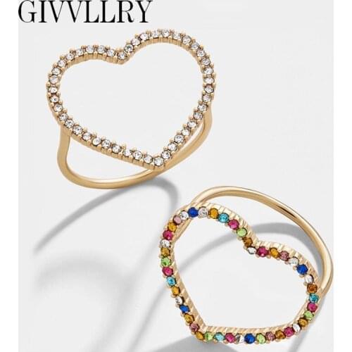 Rainbow Rhinestones Heart Rings for Women Vintage Baroque White Crystal Hollow Geometric Midi Rings Engagement Statement Jewelry