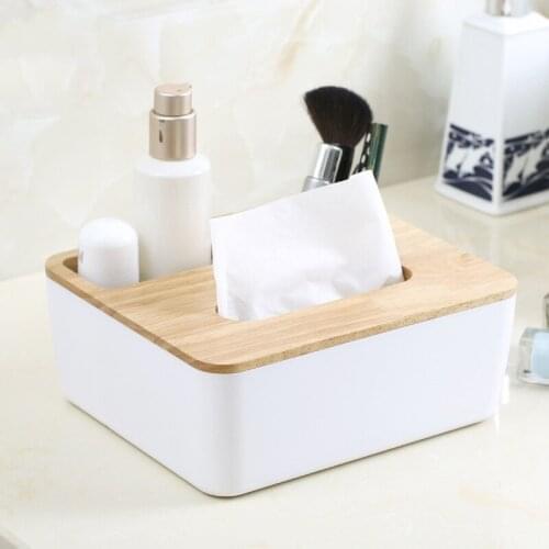 Removable Plastic Tissue Box With Oak Wooden Cover Phone Holder Napkins Case Home Organizer Decoration Makeup Organizer