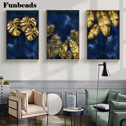 Triptych 5D Diy Diamond Painting Golden Leaves Abstract Landscape Square Round Drill Cross Stitch Embroidery Decor Poster FF3874