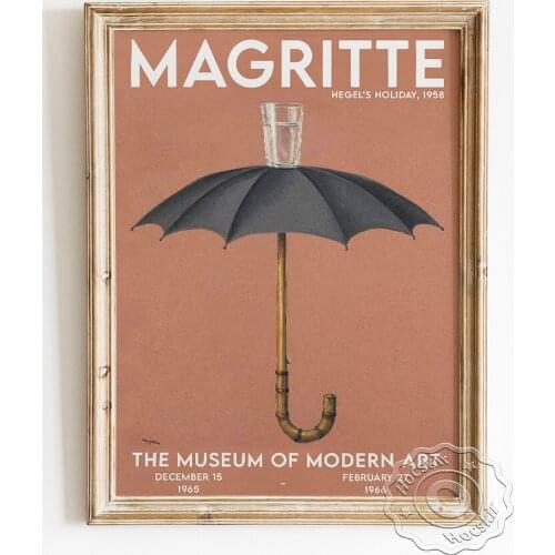 Rene Magritte Vintage Art Exhibition Poster, Hegels Holiday Canvas Painting, Black Umbrella Water Glass Wall Picture Home Decor