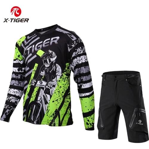 X-Tiger Long Sleeve Cycling Jersey Men Mountain Bike Downhill Jersey Set Quick-Dry Bicycle Downhill Shorts Motorcycle Racing