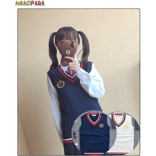 Japanese Womens Knitted Vest Japanese School Girls Uniform JK England Preppy Style Sleeveless Sweater White Blue