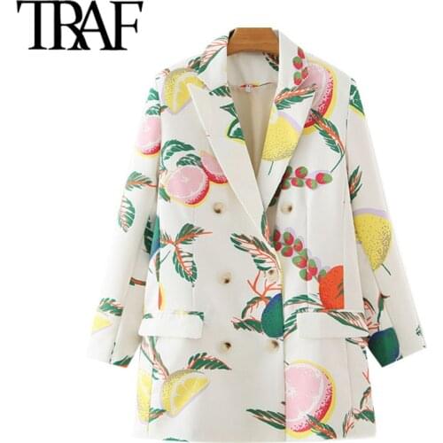 TRAF Women Fashion Double Breasted Fruit Print Blazers Coat Vintage Long Sleeve Pockets Female Outerwear Chic Tops