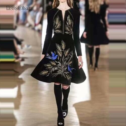 RoseDiary Runway Fashion Spring Autumn New Black Long Sleeve Embroidery Print Vintage Elegant Chic Womens Chic Dress