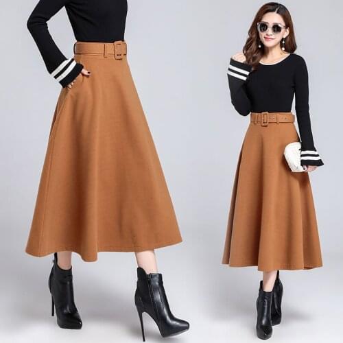 2019 Winter Vintage Women Woolen Solid Color Skirt Female Slim High Waist A-line Plus Size Pleated Wool Basic Skirts Pocket