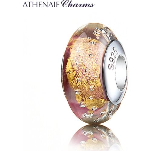 ATHENAIE Genuine Murano Glass 925 Sterling Silver Core Gold Foil Charms Beads Fit All European Bracelets Color Pink forValentine