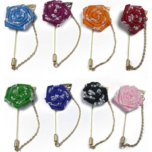 Free shipping!12pcs/lot 4CM Ribbon Rose flowers leaf Male Accessories Vintage Brooches golden Stick pin Men Suits Lapel Pins