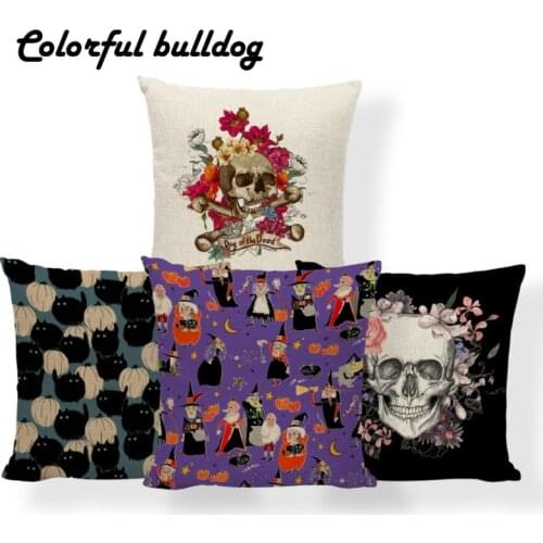 Horror Pumpkin Witchcraft Cushion Cover Halloween Sugar Skull Pillowcase European Meditation Home Decor Throw Pillow 45*45 Linen