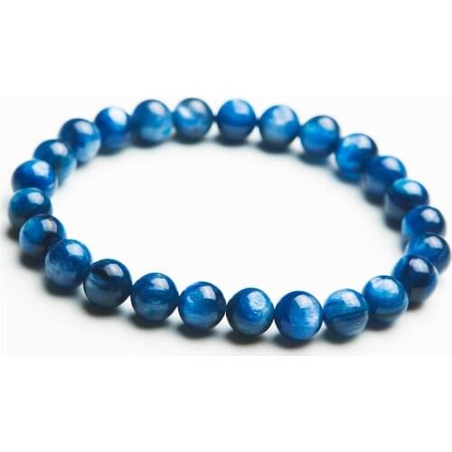 7mm Genuine Natural Blue Kyanite Bracelets For Women Men Crystal Round Bead Stretch Bracelet Cat Eye Effect Stone AAAAAA