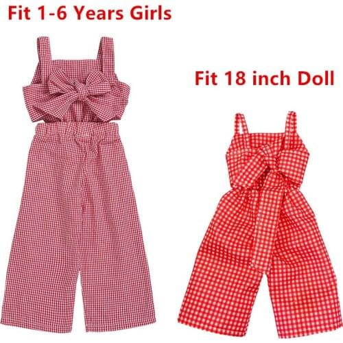 Doll and Girl Matching Plaid Suspender Jumpsuit Overalls Pants Wide Leg Trousers Outfit for Girls and 18" American Dolls Clothes