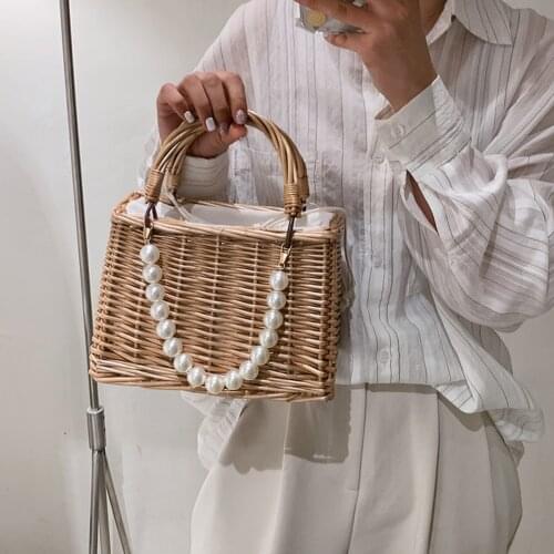 Lace Straw Purses and Handbags 2021 Women Summer Rattan Handmade Tote Bags Ladies Ribbons Beach Basket Bag Pearl Beads Hand Bag