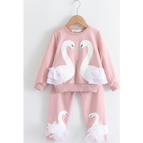27KIDS Toddler Girls Clothing Sets with Swan New Autumn Long Sleeves Clothes Teenages Kids Children Coats and Pants Set