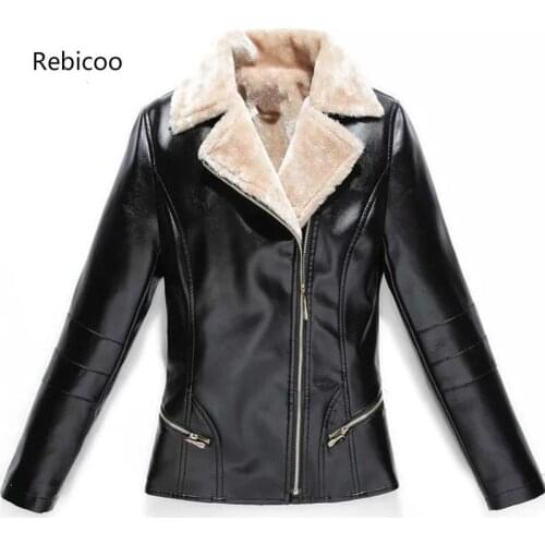 L-3XL Winter Women Leather Jacket Plus Velvet Warm Female Faux Leather Jackets Fashion Turn Collar Office Lady Coat Black Red