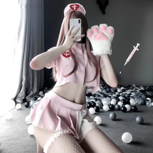 Cute Japanese Nurse Uniform Kawaii Maid Cosplay Lingerie Anime Costumes Pink Temptation Back Mini Skirt Set Erotic Dress