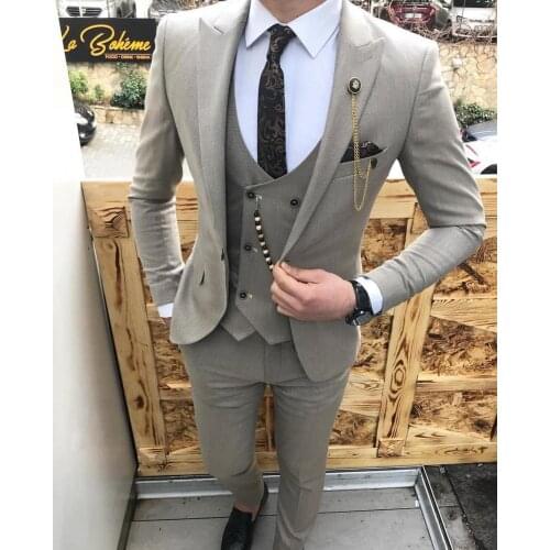 3 Pieces Mens Suits Slim Fit Business Suits Groom Champagne Noble Grey White Tuxedos for Formal Wedding suit(Blazer+Pants+Vest)