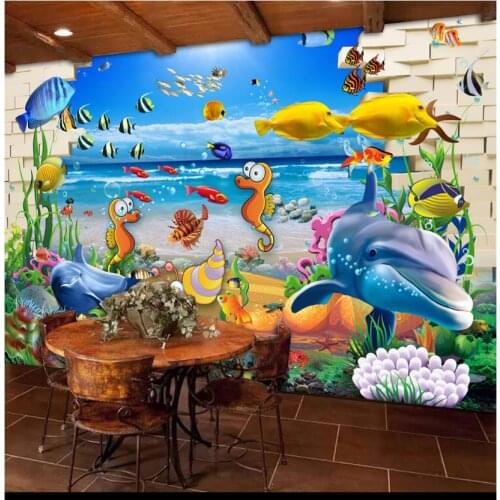 Custom 3D wall murals wallpaper 3D cartoon wallpaper Brick Wall Underwater World mural Dolphin wallpaper Childrens room decor