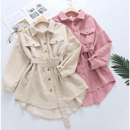 Spring New Women Solid Corduroy Batwing Sleeve Vintage Shirt Jacket With Belt Turn-Down Collar Long Outwear Female Casual Tops