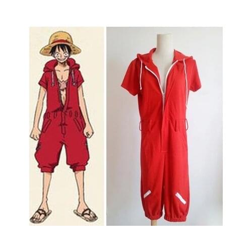 New One Piece Monkey D Luffy Red Hooded Jumpsuits Uniforms Cosplay Costumes Summer Style Plus Size men women Clothing and hat