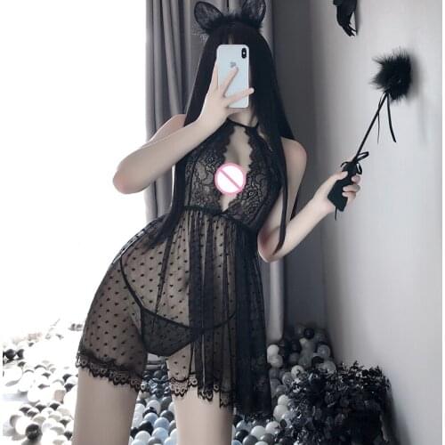 Woman Sleepwear Set Transparent Mesh Lace Pajama Dress Sexy Nightwear Night Dress Underwear Halter Backless Slit Erotic Lingerie