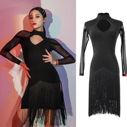 Fashion Latin Dance Competition Dresses Sexy Black Long Sleeve Fringe Dress Women Latin Dance Dress Performance Clothes SL4400