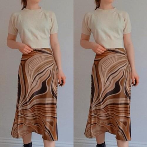 Casual Printed Midi Skirt Women Brown A-Line High Waist Elegant Skirts Ladies Summer Vintage Fashion Streetwear